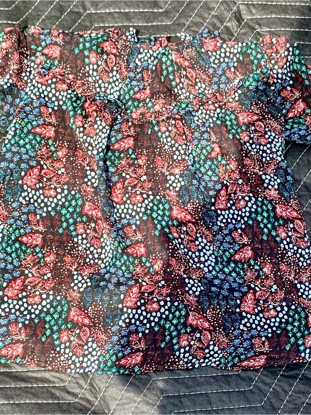 Boho Floral Top in Black with Red & Green Print